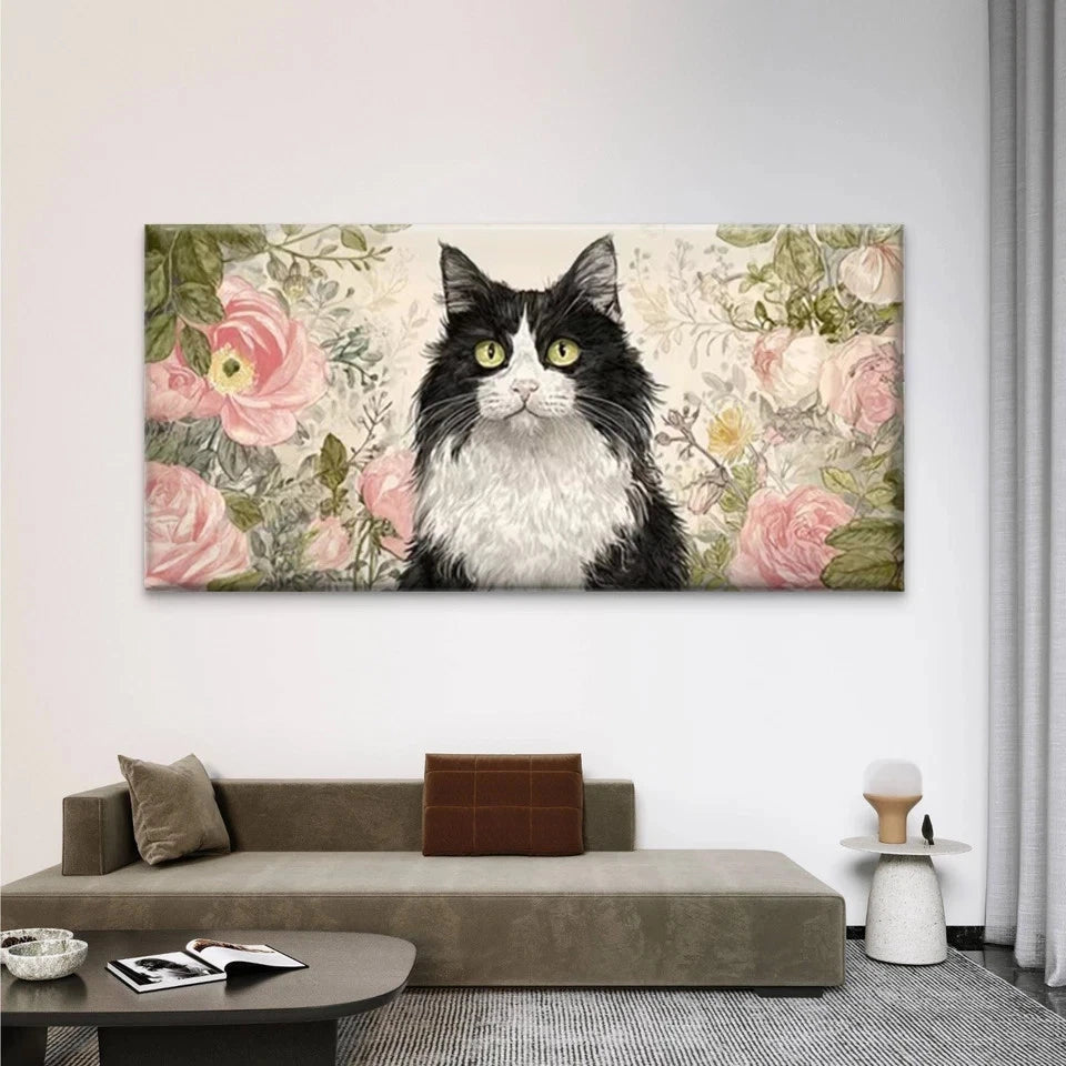 Black and White Cat Wall Art Canvas Office Home Room Framed 120x60cm