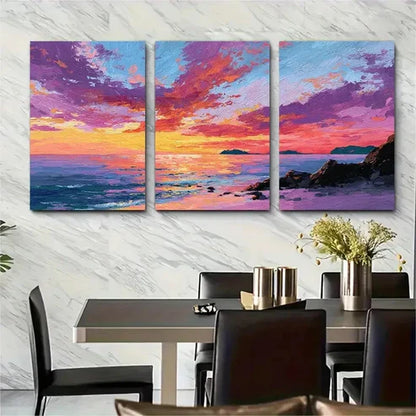 3pcs Sunset Beach Vibrant Coastal Scene Perfect Wall Art Canvas Unframed - High Quality Print 100% Australian Made Wall Canvas