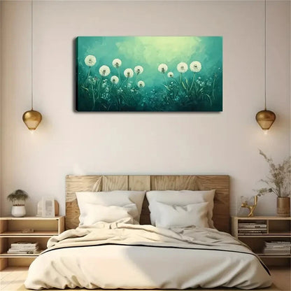 The White Dandelion Green Wall Art Canvas Office Home Room Framed 120x60cm - Bella Home Decor