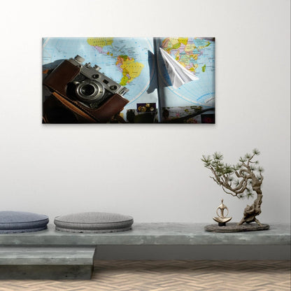 Vintage Travel Camera on World Map Wall Art Canvas Office Home Framed 120x60cm