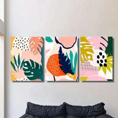 3pcs Cartoon Tropical Plant Leaf Ink Painting Wall Art Set Canvas Unframed - High Quality Print 100% Australian Made Wall Canvas - Bella Home Decor