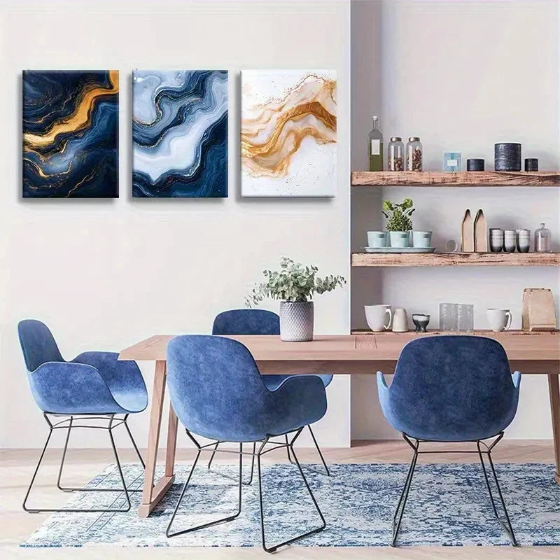 3pcs Abstract Golden and Blue Marble Paintings Metal Print Ready to Hang Art - Bella Home Decor