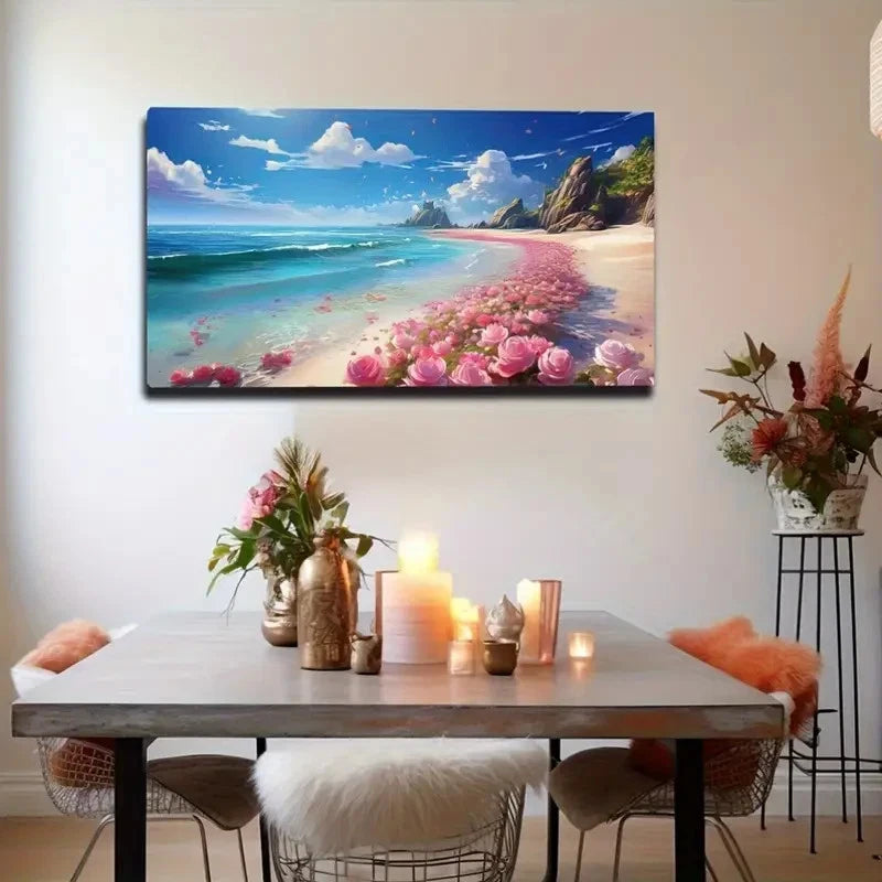 Romantic Rose & Ocean View Wall Art Canvas Office Home Room Framed 120x60cm