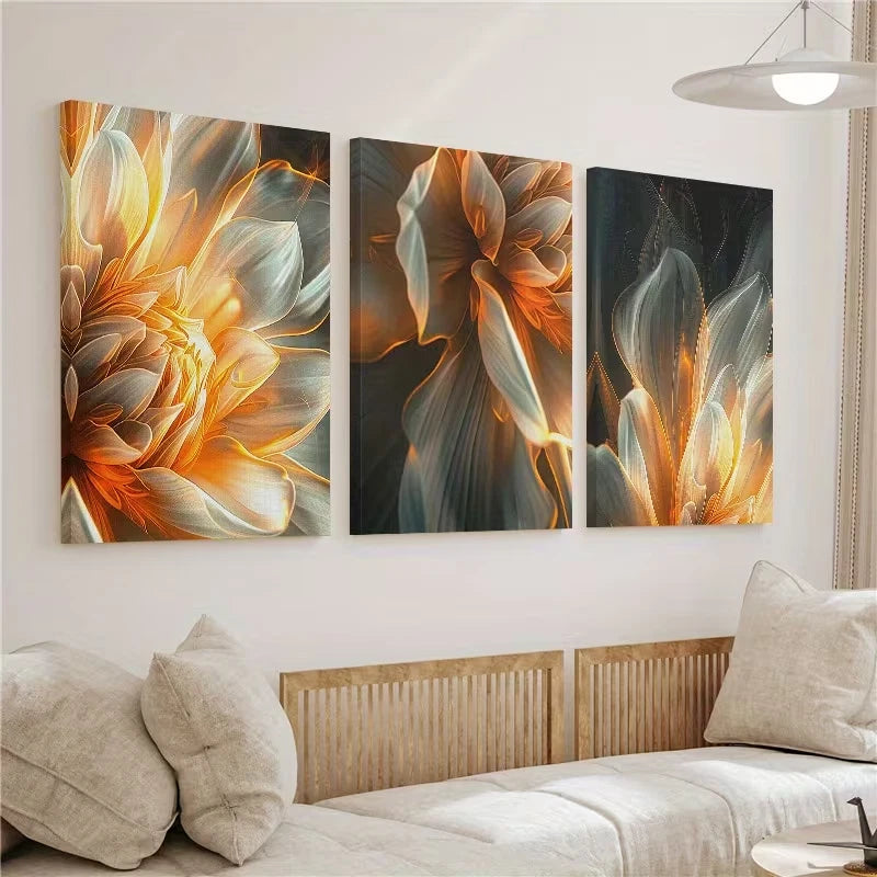 3pcs Luxury Abstract Golden Flowers Wall Art Set Canvas Framed 60x90cm - High Quality Print 100% Australian Made Wall Canvas Ready to Hang