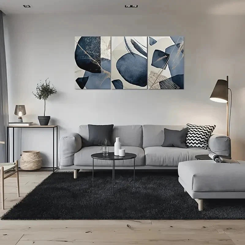 3pcs Navy Blue and White Geometric Metal Print Ready to Hang Art
