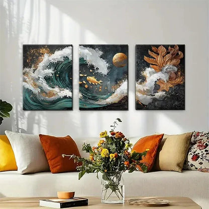 3pcs Golden Koi Fish and Ocean Waves Perfect Wall Art Canvas Unframed – High Quality Print 100% Australian Made Wall Canvas - Bella Home Decor
