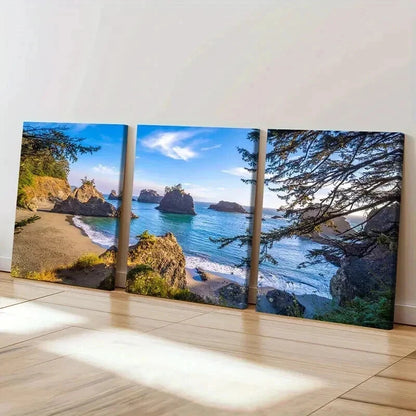 3pcs Seaside & Rocky Beach Landscape Wall Art Set Canvas Framed 50x70cm - High Quality Print 100% Australian Made Wall Canvas Ready to Hang - Bella Home Decor