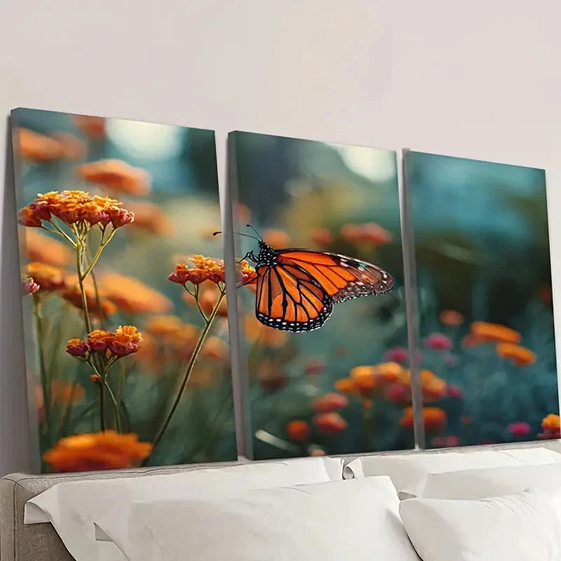 3pcs Orange Monarch Butterfly in a Flower Wall Art Set Canvas Framed 40x60cm - High Quality Print 100% Australian Made Wall Canvas Ready to Hang