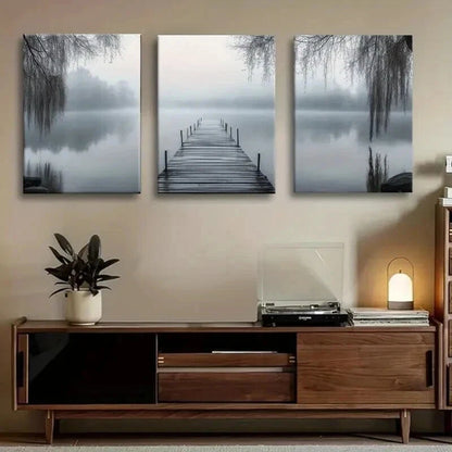 3pcs Misty Lake Dock Serene Water Willow Perfect Wall Art Set Canvas Framed 40x60cm - High Quality Print 100% Australian Made Wall Canvas Ready to Hang - Bella Home Decor