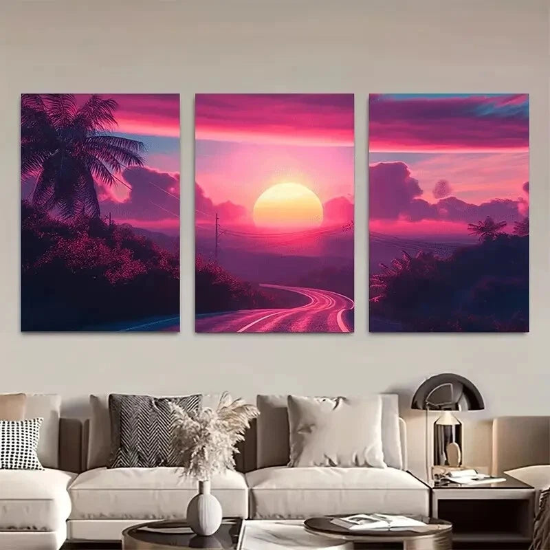 3pcs Vibrant Sunset Road Scene Metal Print Ready to Hang Art - Bella Home Decor