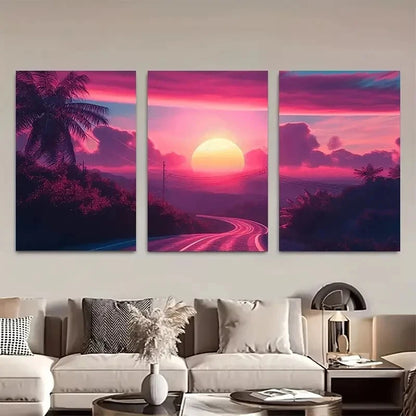 3pcs Vibrant Sunset Road Scene Metal Print Ready to Hang Art - Bella Home Decor