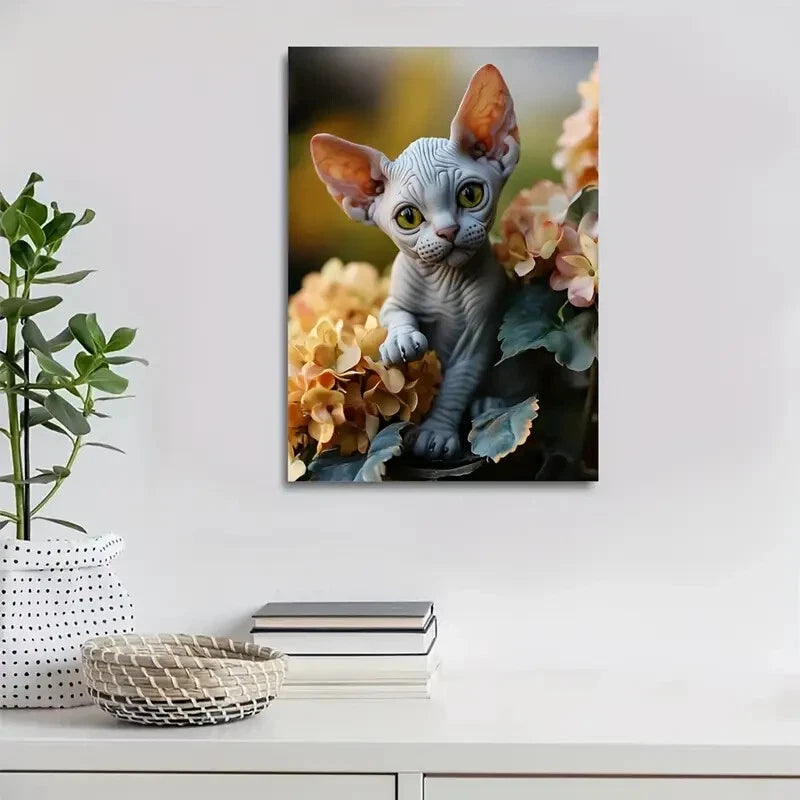 Adorable Sphynx Kitten with Flowers Painting 40x60cm Metal Print Ready to Hang - Bella Home Decor