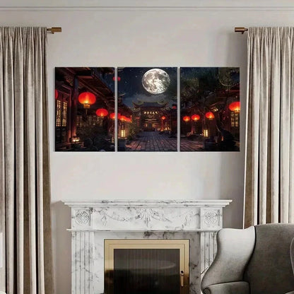 3pcs Traditional Architecture Lantern in Moonlit Wall Art Set Canvas Framed 60x90cm - High Quality Print 100% Australian Made Wall Canvas Ready to Hang - Bella Home Decor