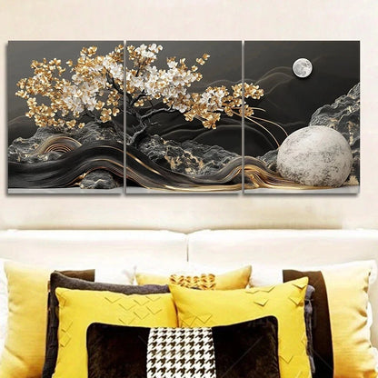 3pcs Versatile Moon Golden Leaves Metal Print Ready to Hang Art
