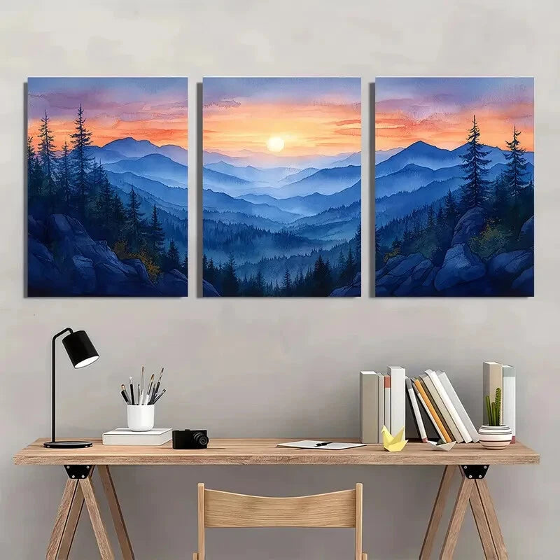 3pcs Blue Ridge Mountains Watercolor Art Print Metal Print Ready to Hang Art - Bella Home Decor