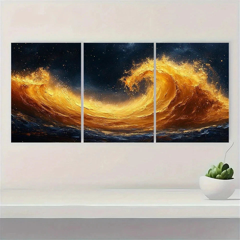 3pcs Modern Abstract Golden Swirl Theme Metal Print Ready to Hang Art - Bella Home Decor