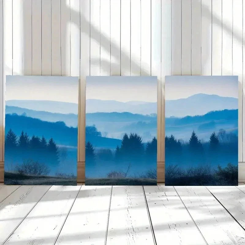 3pcs Landscape with Misty Forests and Snow-Capped Metal Print Ready to Hang Art