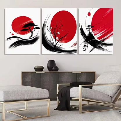 3pcs Three Sets of Japanese Ink Painting Red  Wall Art Set Canvas Framed 40x60cm - High Quality Print 100% Australian Made Wall Canvas Ready to Hang - Bella Home Decor