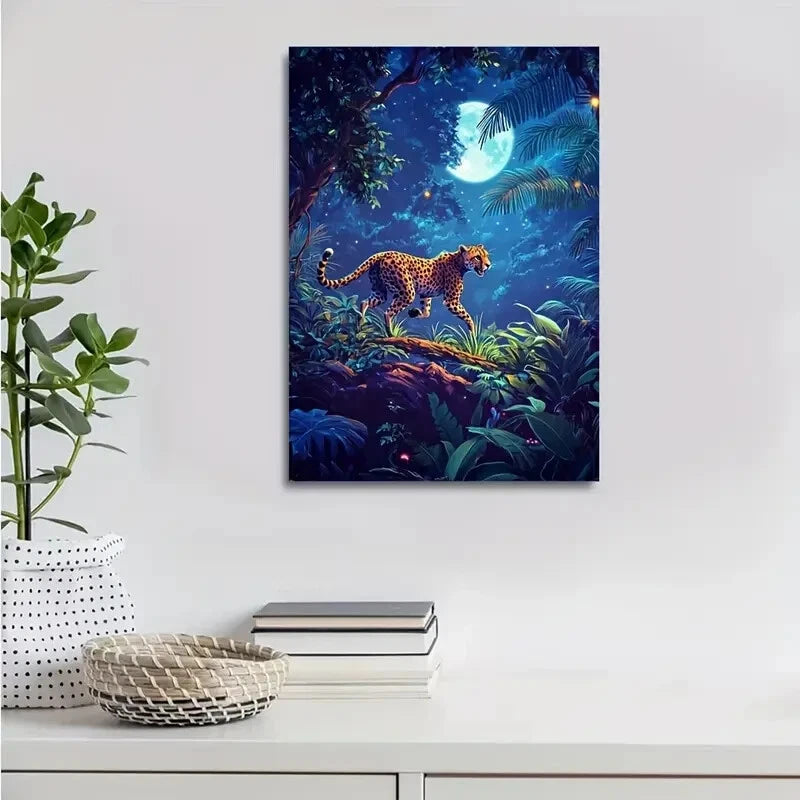 Vibrant Cheetah Forest Scene with Soft Moonlight 40x60cm Metal Print Ready to Hang - Bella Home Decor