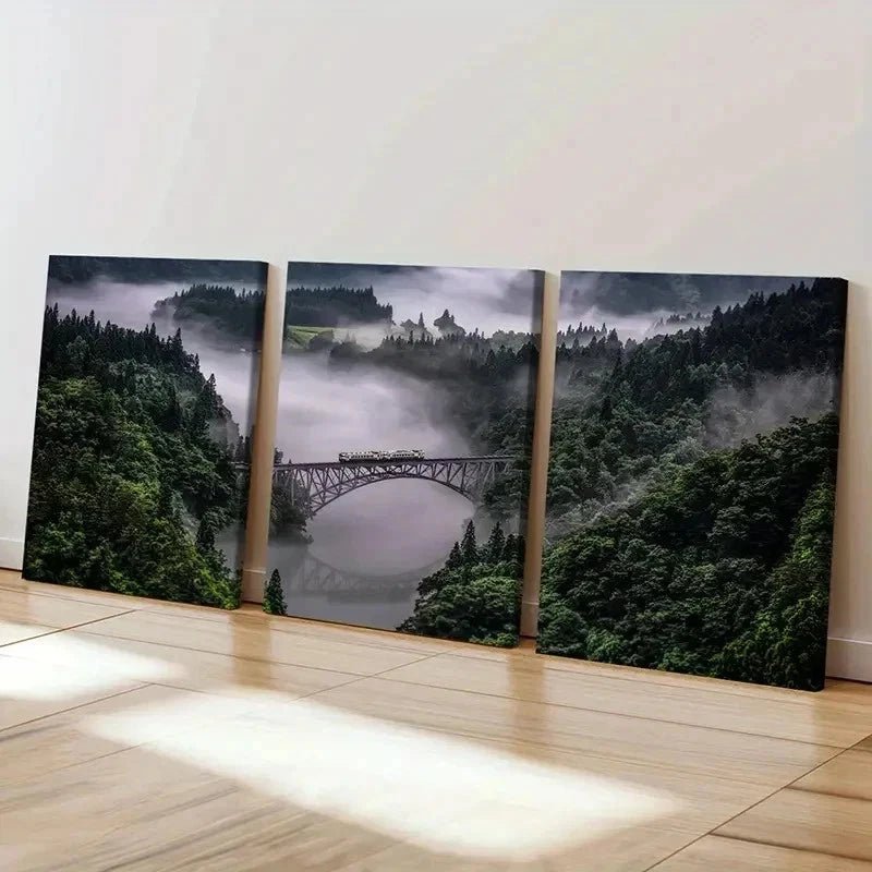 3pcs Misty Valleys Woods Bridges & Train Wall Art Set Canvas Framed 60x90cm - High Quality Print 100% Australian Made Wall Canvas Ready to Hang - Bella Home Decor