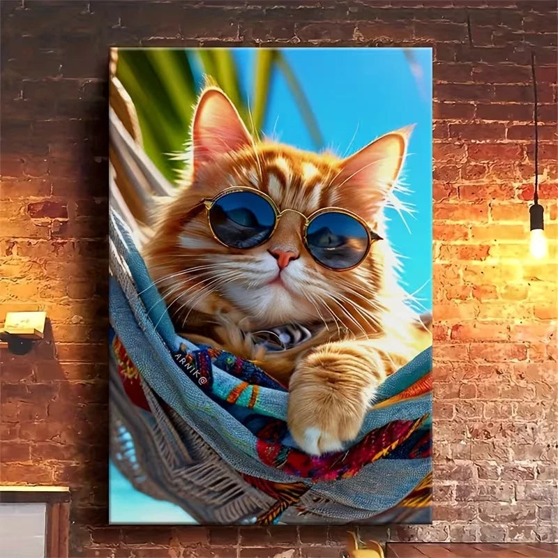 Orange Tabby with Blue Fashion Glasses 60x90cm Metal Print Ready to Hang