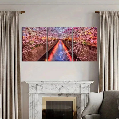 3pcs Cherry Blossom Street Landscape Painting Wall Art Set Canvas Framed 60x90cm - High Quality Print 100% Australian Made Wall Canvas Ready to Hang - Bella Home Decor