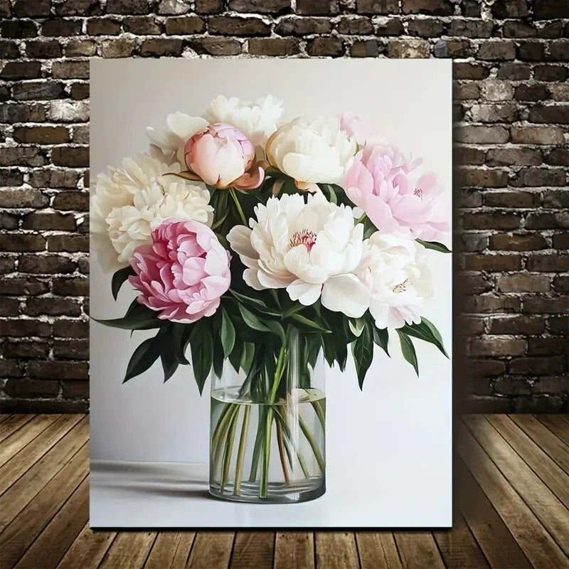 Elegant Pink & White Peonies Bouquet in Glass Vase 40x60cm Metal Print Ready to Hang - Bella Home Decor