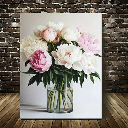 Elegant Pink & White Peonies Bouquet in Glass Vase 40x60cm Metal Print Ready to Hang - Bella Home Decor