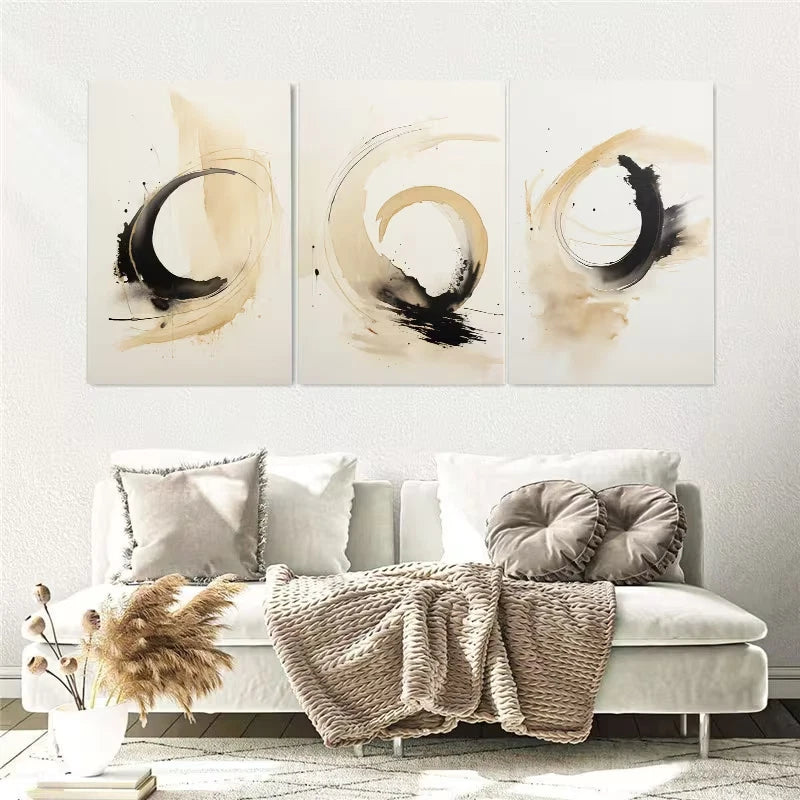 3pcs Abstract natural beige and black colours Wall Art Set Canvas Framed 60x90cm - High Quality Print 100% Australian Made Wall Canvas Ready to Hang