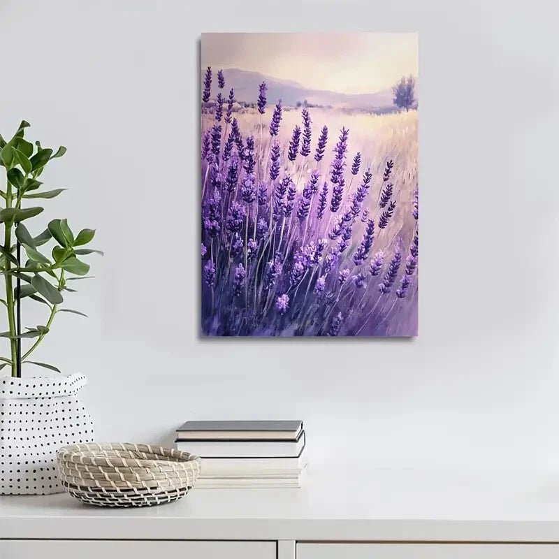Romantic Purple Lavender Flowers in Golden Wheat Field 40x60cm Metal Print Ready to Hang - Bella Home Decor