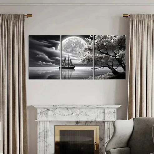 3pcs Boat River Moon Cherry Blossoms Wall Art Canvas Unframed - High Quality Print 100% Australian Made Wall Canvas - Bella Home Decor
