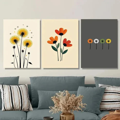 3pcs Vibrant Floral & Dandelion Beige, Red Wall Art Set Canvas Unframed - High Quality Print 100% Australian Made Wall Canvas