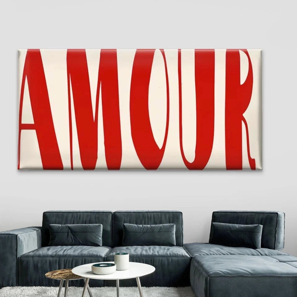 Red Typography "AMOUR" Wall Art Canvas Office Home Room Framed 120x60cm