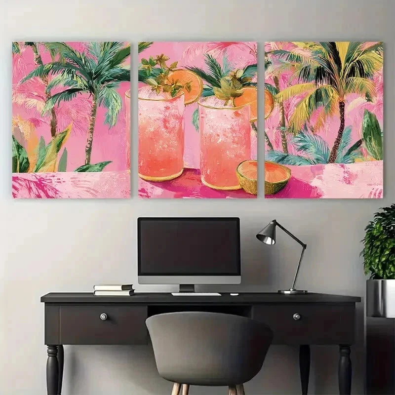 3pcs Pink Coconut Cocktail Print Preppy Perfect Wall Art Set Canvas Framed 50x70cm - High Quality Print 100% Australian Made Wall Canvas Ready to Hang