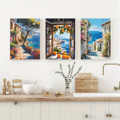 3pcs Mediterranean Orange Windows Wall Art Canvas Unframed – High Quality Print 100% Australian Made Wall Canvas
