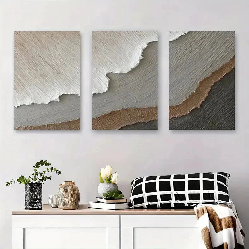 3pcs Soft Earth Tone Textured Designs Perfect Wall Art Set Canvas Framed 50x70cm - High Quality Print 100% Australian Made Wall Canvas Ready to Hang - Bella Home Decor