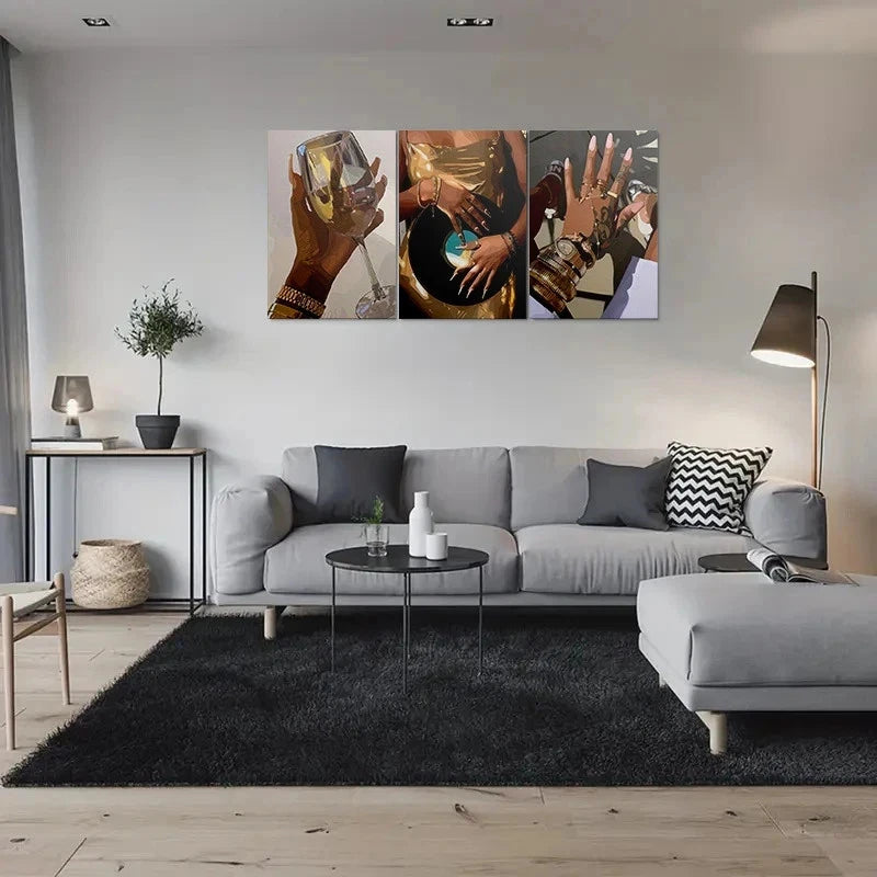 3pcs Golden Elegance Themed Elegant Metal Print Ready to Hang Art - Bella Home Decor