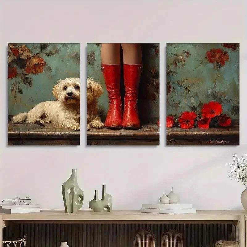 3pcs Red Riding Boots Fine Lover Perfect Wall Art Set Canvas Framed 50x70cm - High Quality Print 100% Australian Made Wall Canvas Ready to Hang