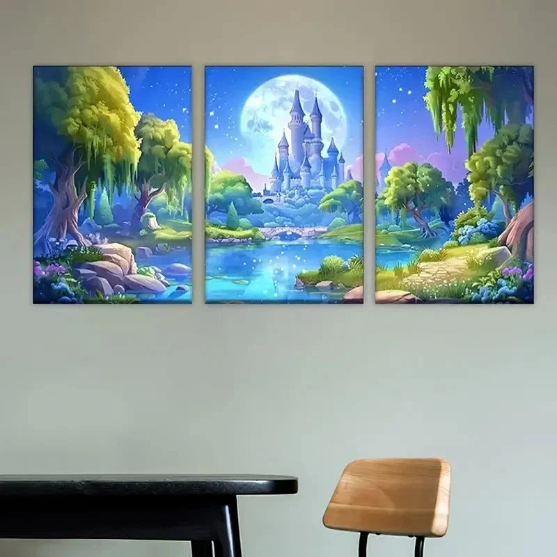 3pcs Forest Castle Scene with Moonlit Sky Wall Art Set Canvas Framed 40x60cm - High Quality Print 100% Australian Made Wall Canvas Ready to Hang - Bella Home Decor