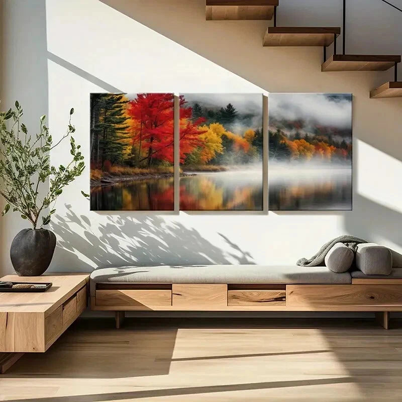 3pcs Autumn Colors Misty Lake Vibrant Trees Metal Print Ready to Hang Art - Bella Home Decor