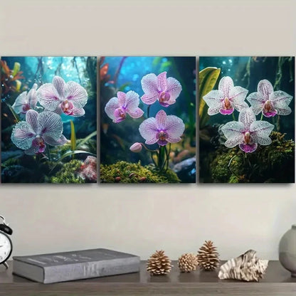 3pcs Purple striped orchids grow on moss Wall Art Set Canvas Framed 50x70cm - High Quality Print 100% Australian Made Wall Canvas Ready to Hang