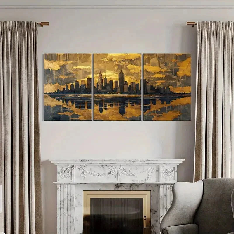 3pcs Golden Sky Cityscape Modern Urban Sky Design Metal Print Ready to Hang Art - Bella Home Decor