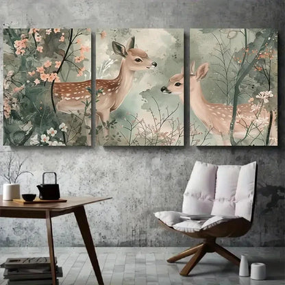 3pcs Deer Rustic Wildlife & Floral Scene Metal Print Ready to Hang Art - Bella Home Decor