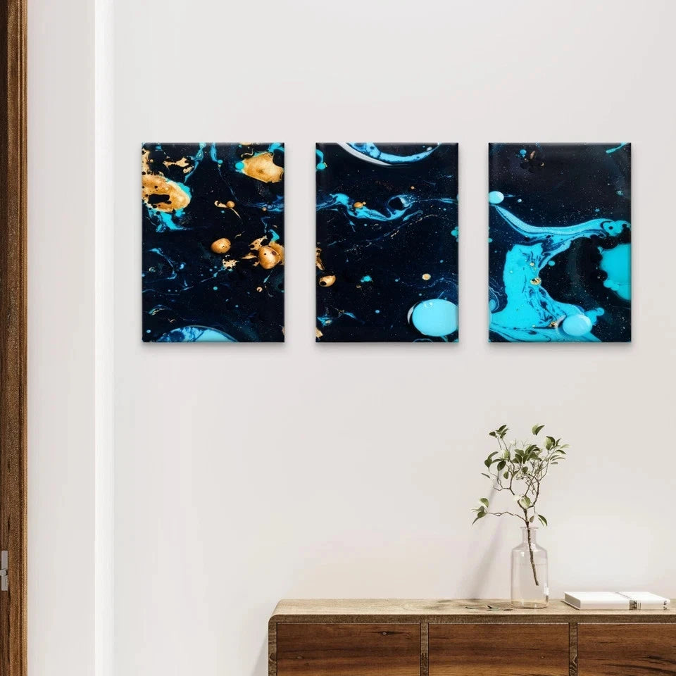 3pcs Cosmic Blue and Gold Fluid Abstract Marble Wall Art Set Canvas Framed 50x70cm - High Quality Print 100% Australian Made Wall Canvas Ready to Hang