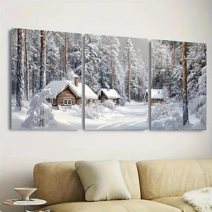 3pcs Winter Village Art Rustic Snowy Cabins Wall Art Set Canvas Framed 60x90cm - High Quality Print 100% Australian Made Wall Canvas Ready to Hang - Bella Home Decor