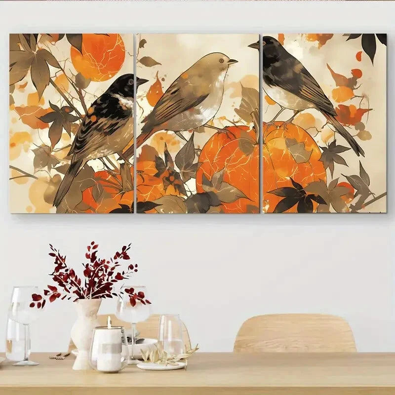 3pcs Birds and Autumn Leaves Elegant Perfect Wall Art Set Canvas Framed 40x60cm - High Quality Print 100% Australian Made Wall Canvas Ready to Hang - Bella Home Decor