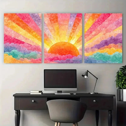 3pcs Watercolor Sunrise Abstract Nursery Perfect Wall Art Set Canvas Framed 50x70cm - High Quality Print 100% Australian Made Wall Canvas Ready to Hang