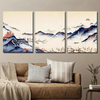 3pcs Chinese Painting of Mountains and Red Plums Wall Art Set Canvas Unframed - High Quality Print 100% Australian Made Wall Canvas - Bella Home Decor