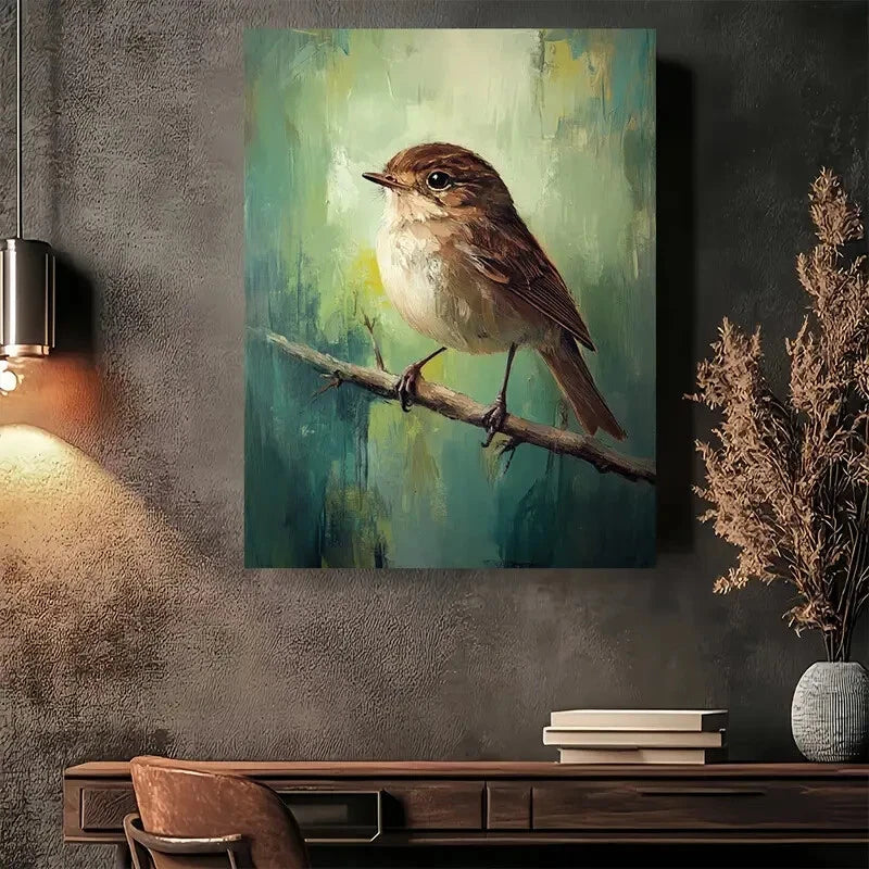 Beautiful Nature Serenity Bird On Branch Painting 40x60cm Metal Print Ready to Hang - Bella Home Decor
