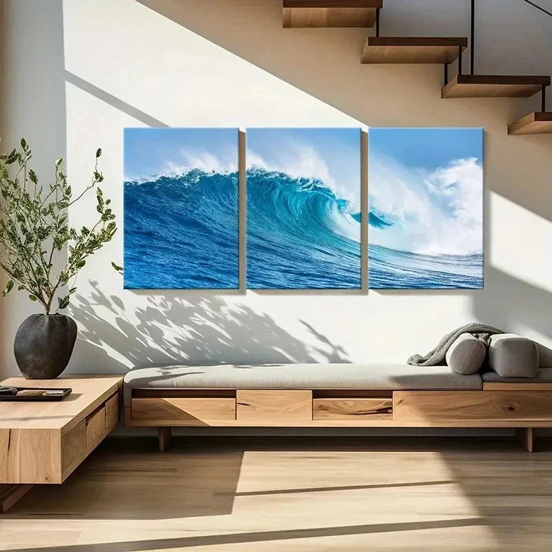 3pcs Vibrant Blue Surf Ocean Wave Wall Art Set Canvas Framed 60x90cm - High Quality Print 100% Australian Made Wall Canvas Ready to Hang
